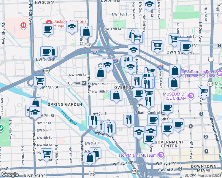 map of restaurants, bars, coffee shops, grocery stores, and more near 501 Northwest 10th Street in Miami