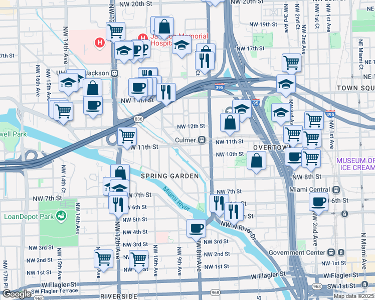 map of restaurants, bars, coffee shops, grocery stores, and more near 1022 Northwest 8th Street Road in Miami
