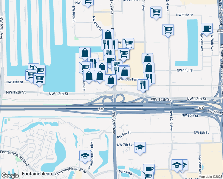 map of restaurants, bars, coffee shops, grocery stores, and more near 1200 Northwest 87th Avenue in Doral