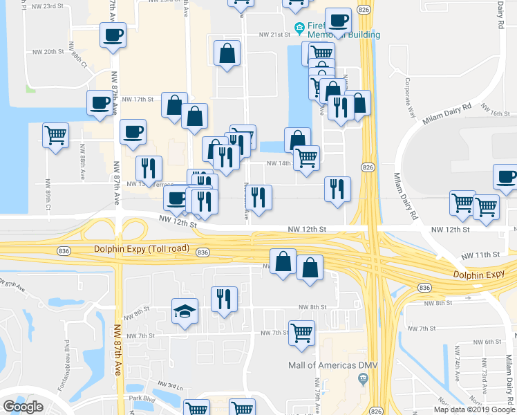 map of restaurants, bars, coffee shops, grocery stores, and more near 8175 Northwest 12th Street in Doral