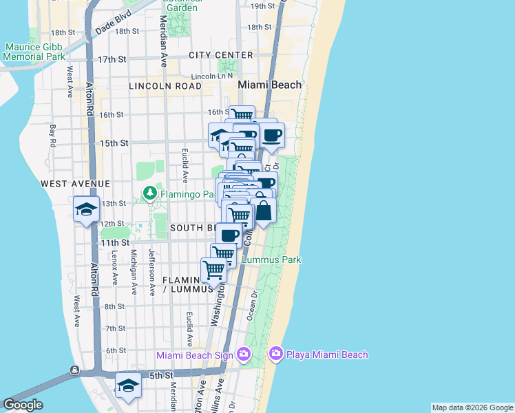 map of restaurants, bars, coffee shops, grocery stores, and more near in Miami Beach