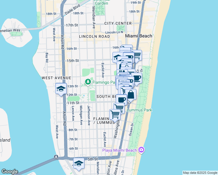 map of restaurants, bars, coffee shops, grocery stores, and more near 1228 Pennsylvania Avenue in Miami Beach