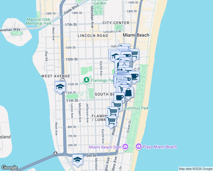map of restaurants, bars, coffee shops, grocery stores, and more near 1228 Pennsylvania Avenue in Miami Beach