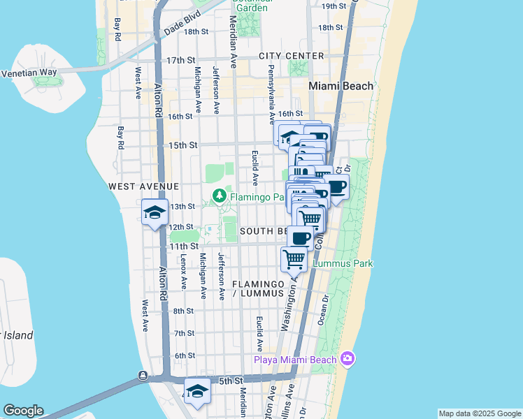 map of restaurants, bars, coffee shops, grocery stores, and more near 1228 Pennsylvania Avenue in Miami Beach