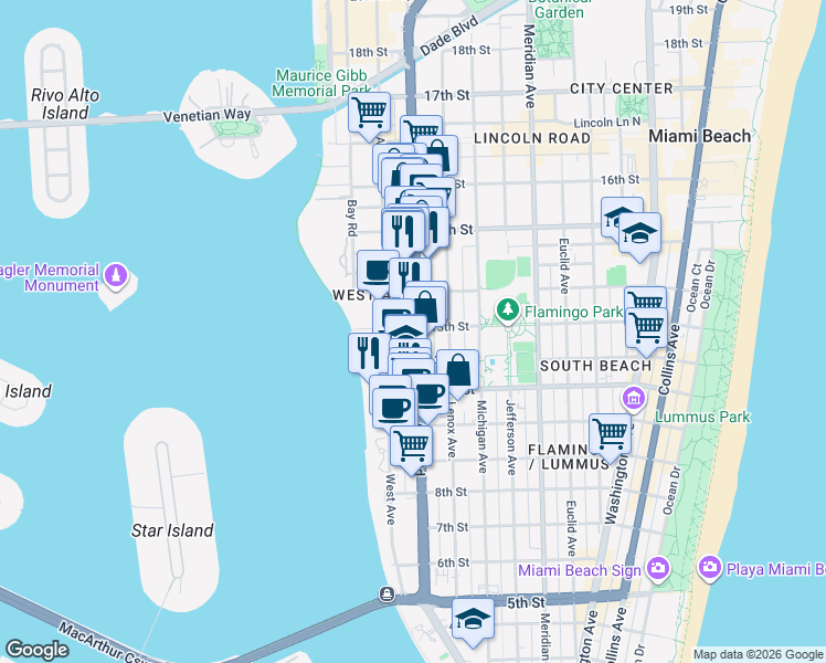 map of restaurants, bars, coffee shops, grocery stores, and more near 1239 Alton Road in Miami Beach