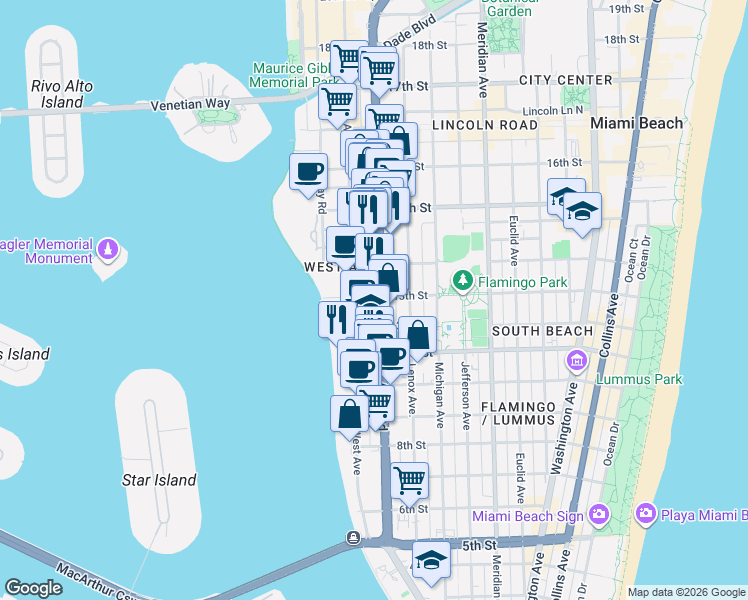 map of restaurants, bars, coffee shops, grocery stores, and more near 1245 West Avenue in Miami Beach