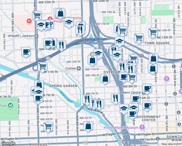 map of restaurants, bars, coffee shops, grocery stores, and more near 603 Northwest 10th Street in Miami