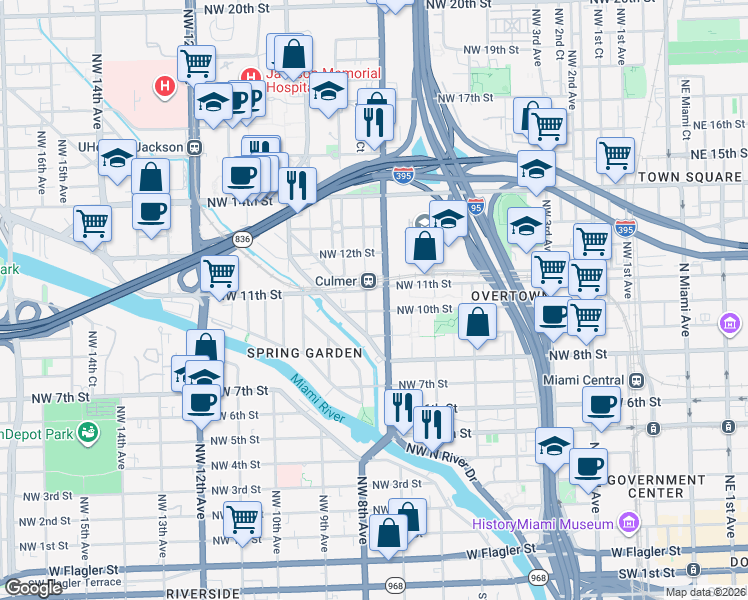 map of restaurants, bars, coffee shops, grocery stores, and more near 751 Northwest 10th Street in Miami