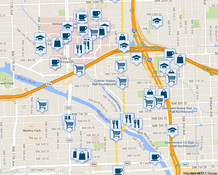 map of restaurants, bars, coffee shops, grocery stores, and more near 1014 Northwest 8th Street Road in Miami