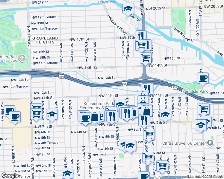 map of restaurants, bars, coffee shops, grocery stores, and more near 3030 Northwest 11th Terrace in Miami