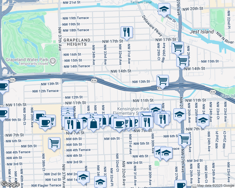 map of restaurants, bars, coffee shops, grocery stores, and more near 1136 Northwest 32nd Court in Miami