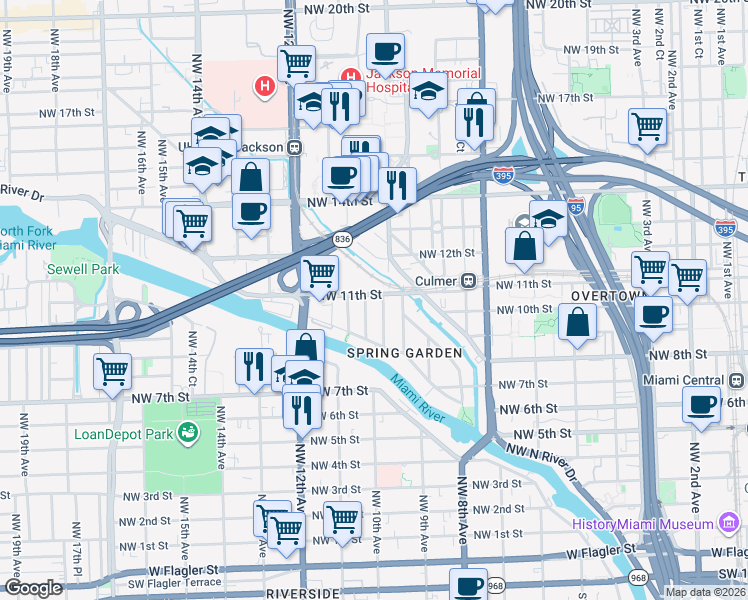 map of restaurants, bars, coffee shops, grocery stores, and more near 1011 Northwest 10th Avenue in Miami