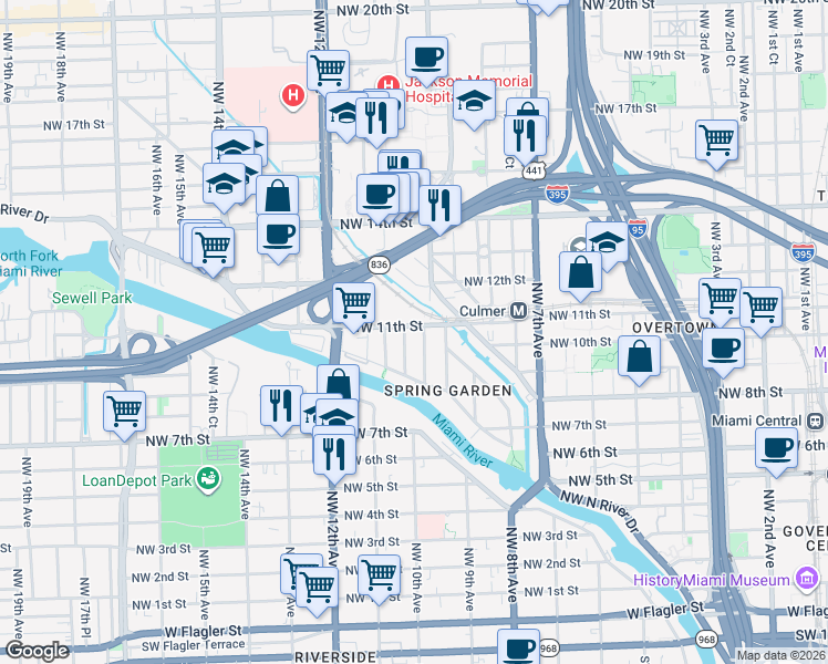 map of restaurants, bars, coffee shops, grocery stores, and more near 1011 Northwest 10th Avenue in Miami