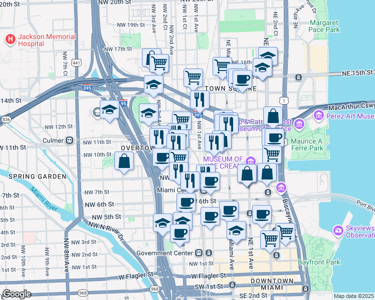 map of restaurants, bars, coffee shops, grocery stores, and more near 155 Northwest 10th Street in Miami