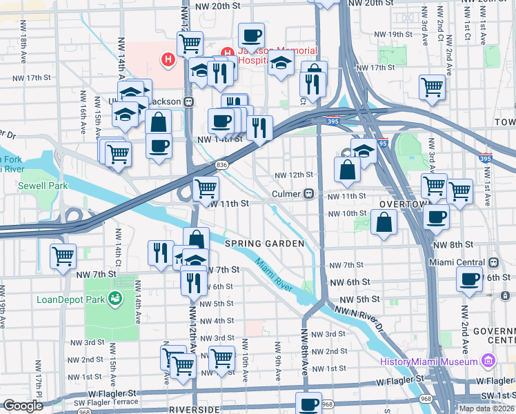 map of restaurants, bars, coffee shops, grocery stores, and more near 950 Northwest 11th Street in Miami