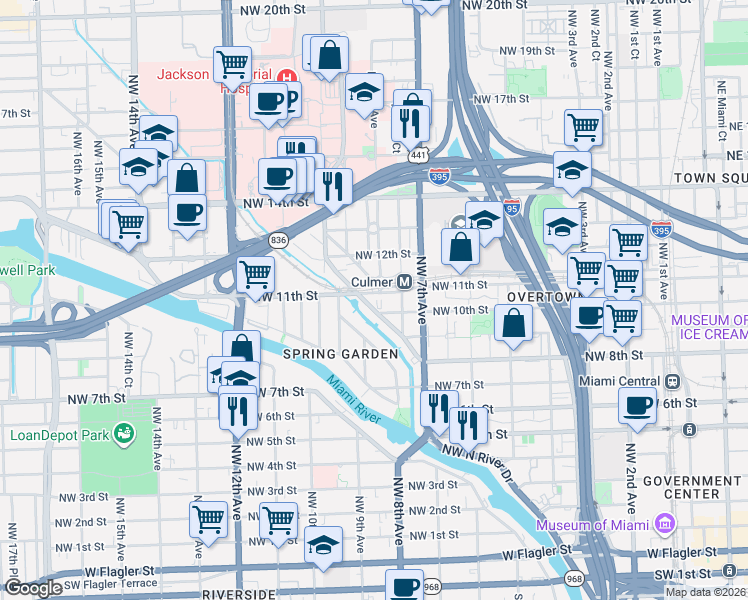 map of restaurants, bars, coffee shops, grocery stores, and more near 1022 Northwest 8th Street Road in Miami