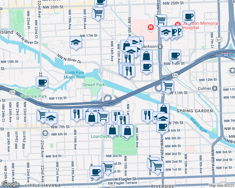 map of restaurants, bars, coffee shops, grocery stores, and more near 1603 Northwest 16th Avenue in Miami