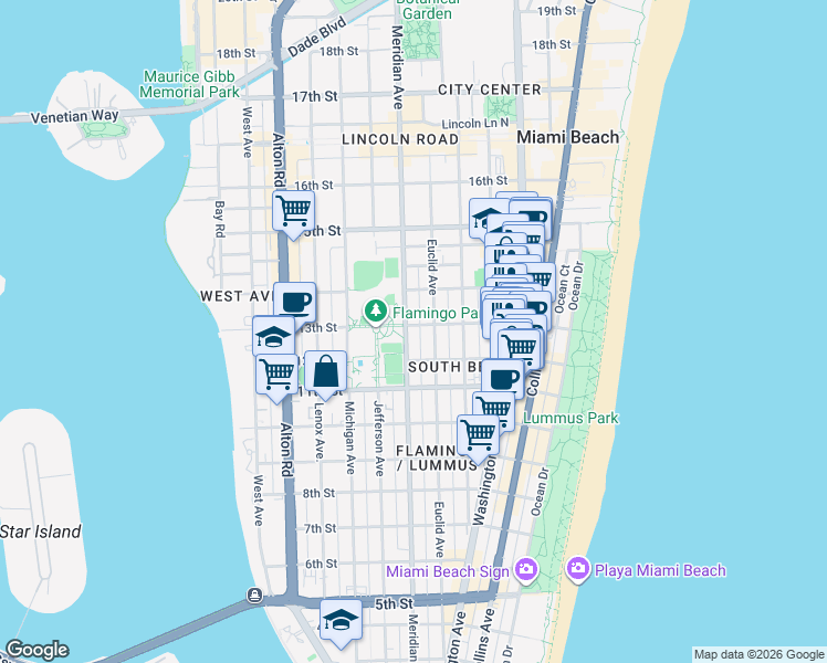 map of restaurants, bars, coffee shops, grocery stores, and more near 1235 Meridian Avenue in Miami Beach