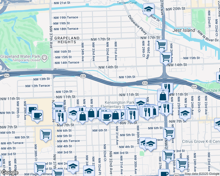 map of restaurants, bars, coffee shops, grocery stores, and more near 3159 Northwest 11th Street in Miami