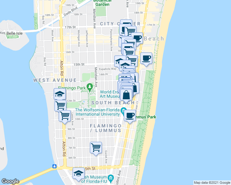 map of restaurants, bars, coffee shops, grocery stores, and more near 1220 Drexel Avenue in Miami Beach