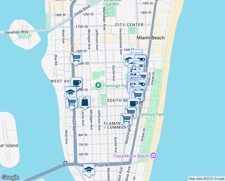 map of restaurants, bars, coffee shops, grocery stores, and more near 1235 Meridian Avenue in Miami Beach