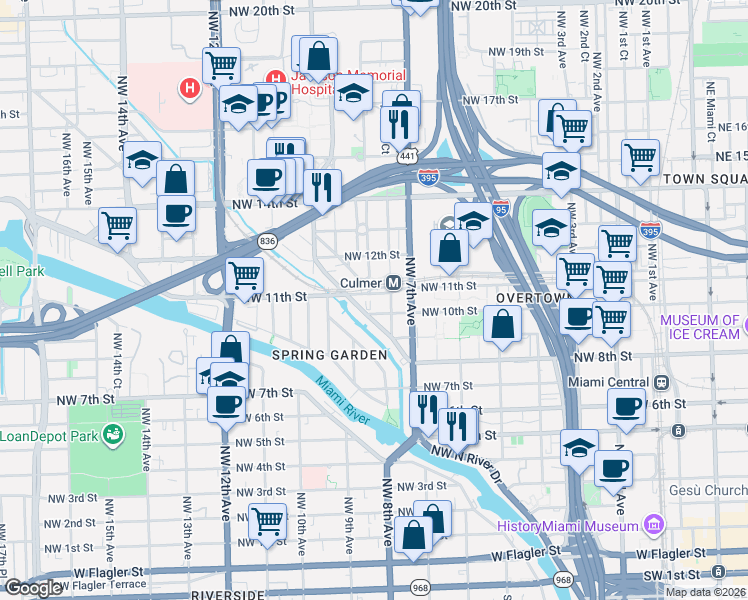 map of restaurants, bars, coffee shops, grocery stores, and more near 751 Northwest 10th Street in Miami