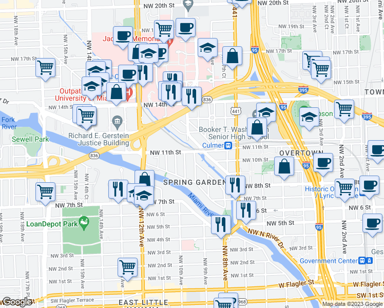map of restaurants, bars, coffee shops, grocery stores, and more near 1011 Northwest 10th Avenue in Miami