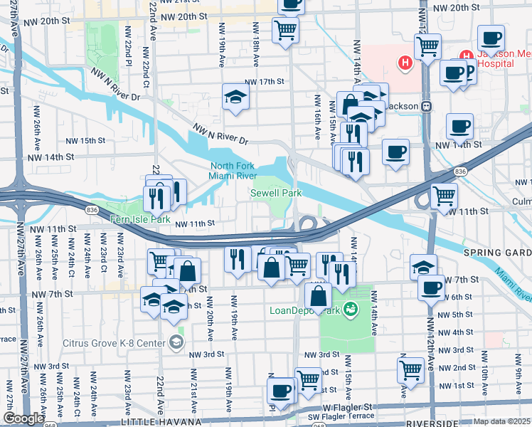 map of restaurants, bars, coffee shops, grocery stores, and more near 1040 Northwest 18th Avenue in Miami