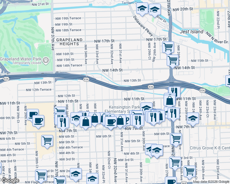 map of restaurants, bars, coffee shops, grocery stores, and more near 3159 Northwest 11th Street in Miami