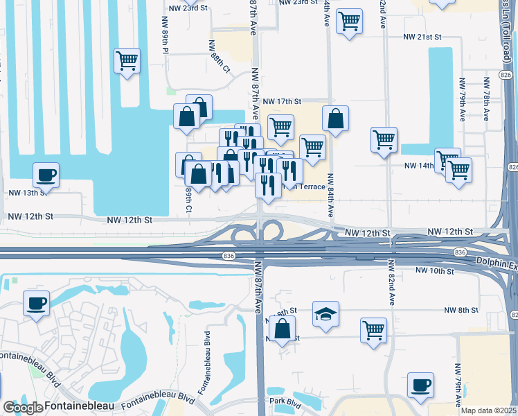 map of restaurants, bars, coffee shops, grocery stores, and more near 1200 Northwest 87th Avenue in Doral