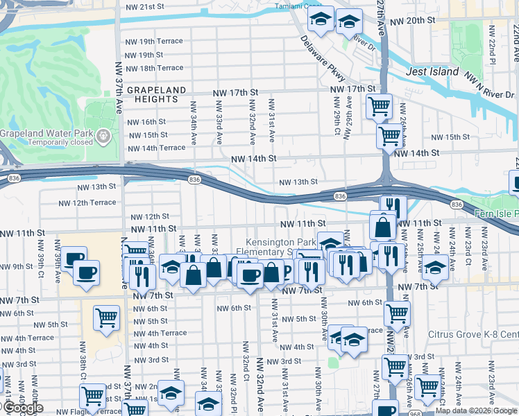 map of restaurants, bars, coffee shops, grocery stores, and more near 3159 Northwest 11th Street in Miami