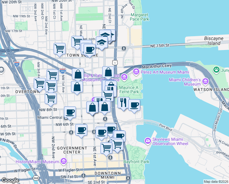 map of restaurants, bars, coffee shops, grocery stores, and more near Biscayne Blvd & NE 10th St in Miami