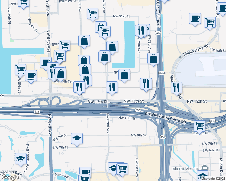 map of restaurants, bars, coffee shops, grocery stores, and more near 8175 Northwest 12th Street in Doral