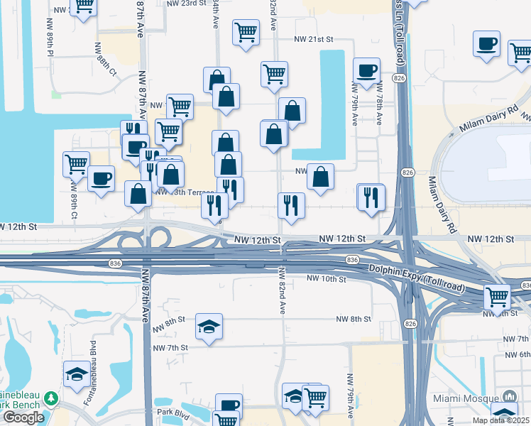 map of restaurants, bars, coffee shops, grocery stores, and more near 1212 Northwest 82nd Avenue in Miami