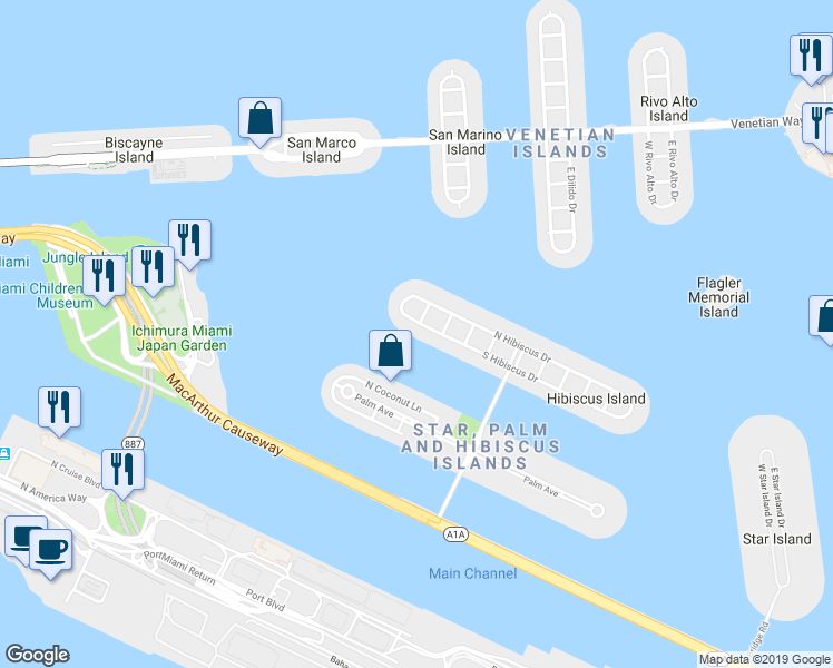 map of restaurants, bars, coffee shops, grocery stores, and more near 394 South Hibiscus Drive in Miami Beach