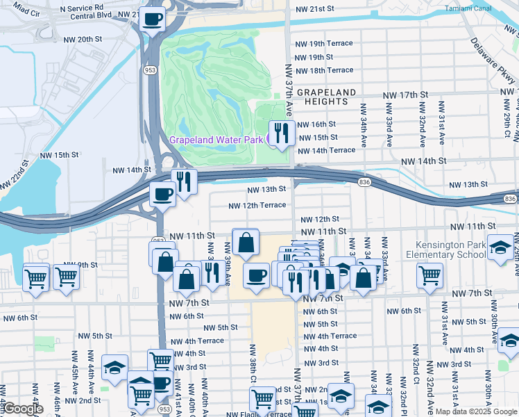 map of restaurants, bars, coffee shops, grocery stores, and more near 3751 Northwest 12th Street in Miami