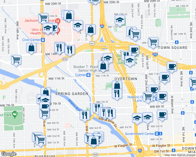 map of restaurants, bars, coffee shops, grocery stores, and more near 1001 Northwest 7th Avenue in Miami