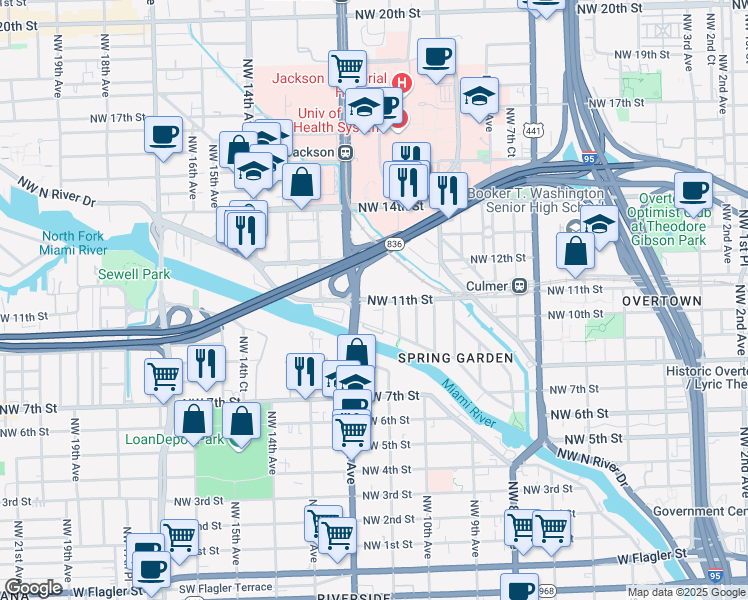 map of restaurants, bars, coffee shops, grocery stores, and more near 1201 Northwest North River Drive in Miami