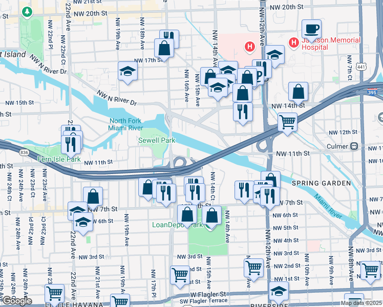 map of restaurants, bars, coffee shops, grocery stores, and more near 1603 Northwest 16th Avenue in Miami