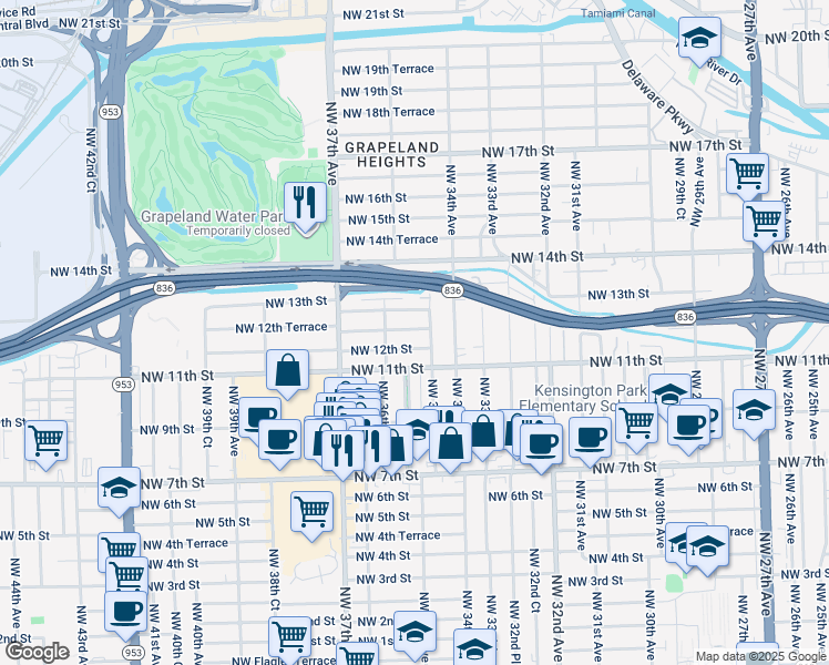 map of restaurants, bars, coffee shops, grocery stores, and more near 3535 Northwest 12th Street in Miami