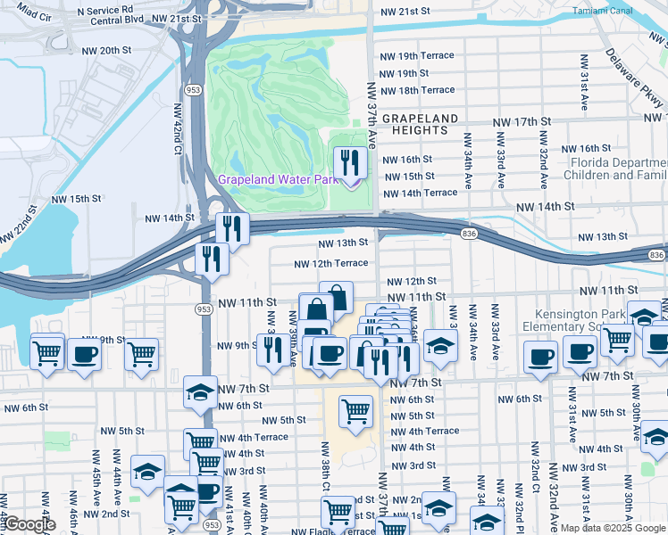 map of restaurants, bars, coffee shops, grocery stores, and more near 3751 Northwest 12th Street in Miami