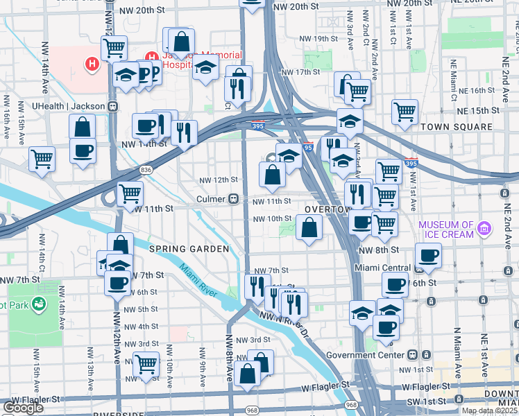 map of restaurants, bars, coffee shops, grocery stores, and more near 1001 Northwest 7th Avenue in Miami