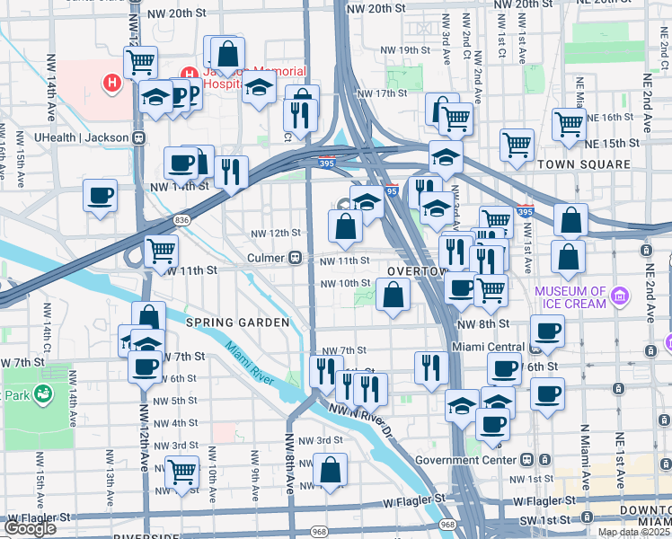 map of restaurants, bars, coffee shops, grocery stores, and more near 603 Northwest 10th Street in Miami