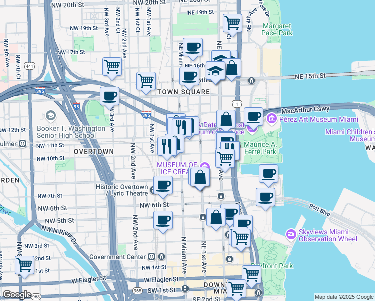 map of restaurants, bars, coffee shops, grocery stores, and more near 1001n North Miami Avenue in Miami