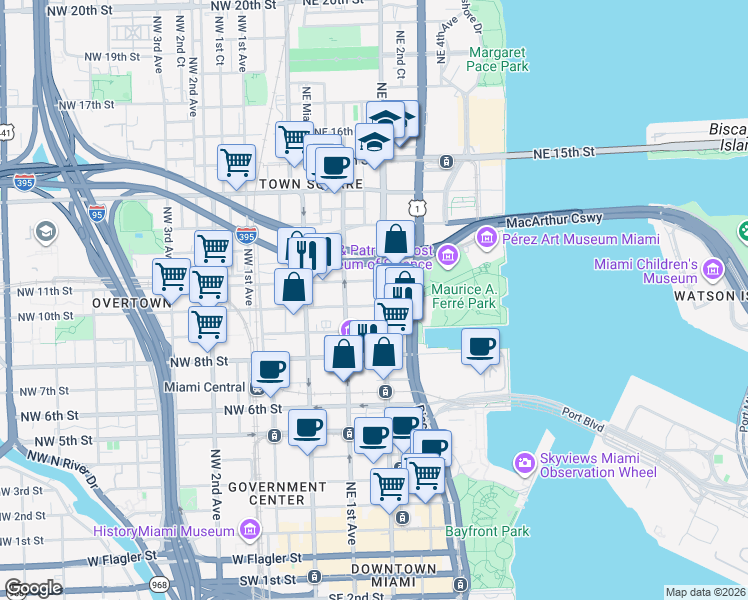 map of restaurants, bars, coffee shops, grocery stores, and more near 999 Northeast 1st Avenue in Miami