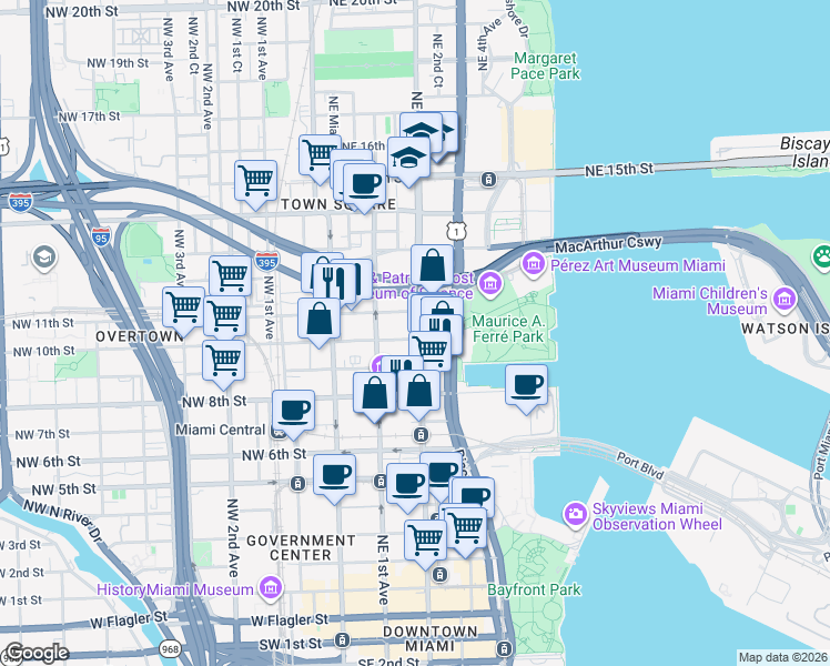 map of restaurants, bars, coffee shops, grocery stores, and more near 999 Northeast 1st Avenue in Miami