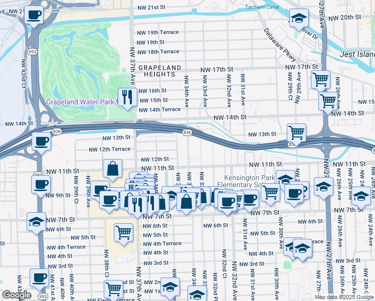 map of restaurants, bars, coffee shops, grocery stores, and more near 1138 Northwest 34th Avenue in Miami