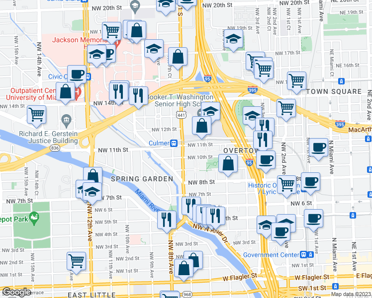 map of restaurants, bars, coffee shops, grocery stores, and more near 650 Northwest 11th Street in Miami