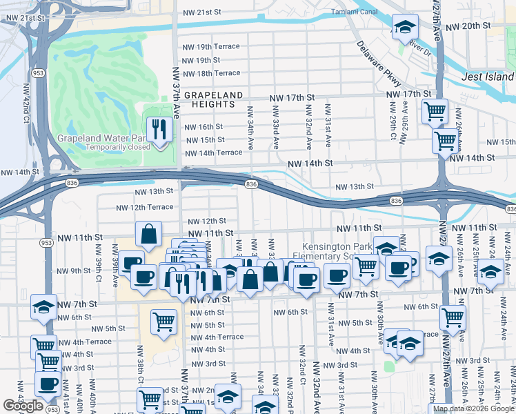 map of restaurants, bars, coffee shops, grocery stores, and more near 1138 Northwest 34th Avenue in Miami