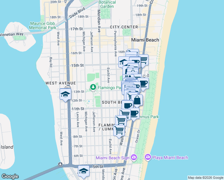 map of restaurants, bars, coffee shops, grocery stores, and more near 1228 Pennsylvania Avenue in Miami Beach
